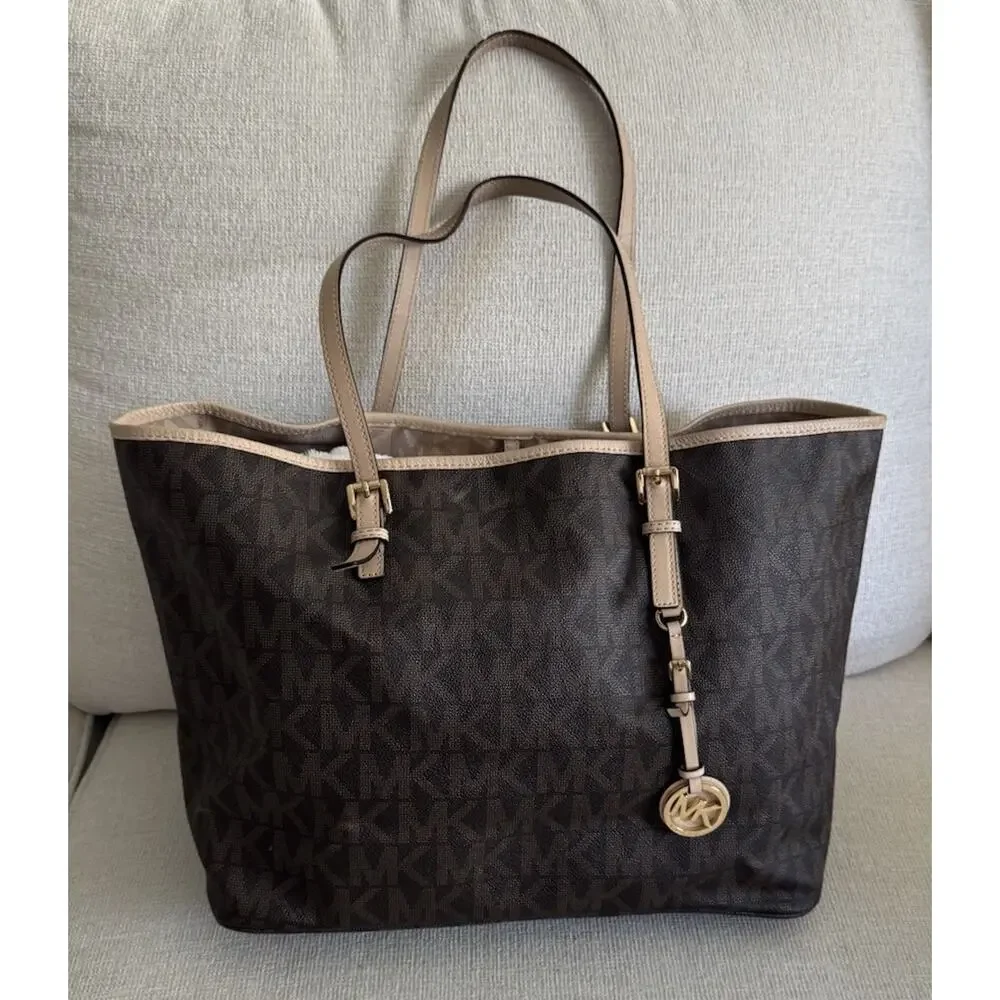 ⁠Michael Kors Tote Bag Brown Signature Monogram Large Purse Gold Charm Jet Set